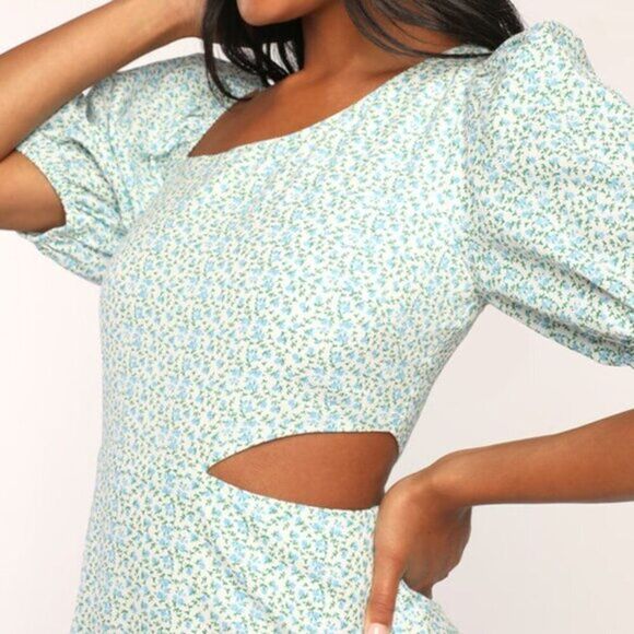 Lulu's Women Asymmetrical Cutout Mini Dress‎ White Green Multi Floral Print  XL - Picture 2 of 4